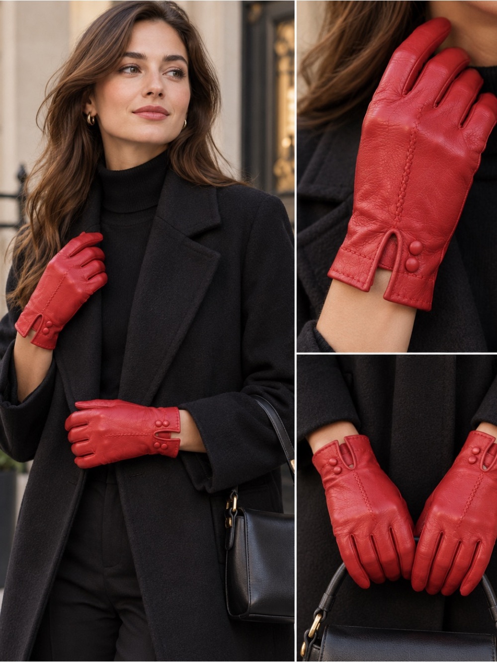 VTG Lambskin leather Women's Red Leather Driving Gloves button soft
